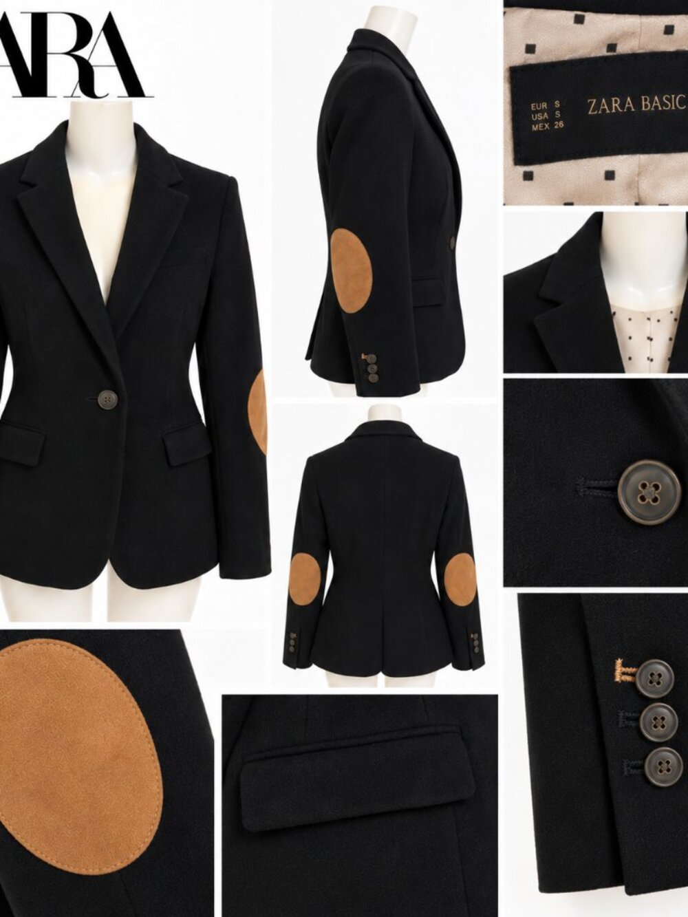 Zara Basic Black Blazer Sz S Tan Elbow Patch Preppy Equestrian Tailored Jacket